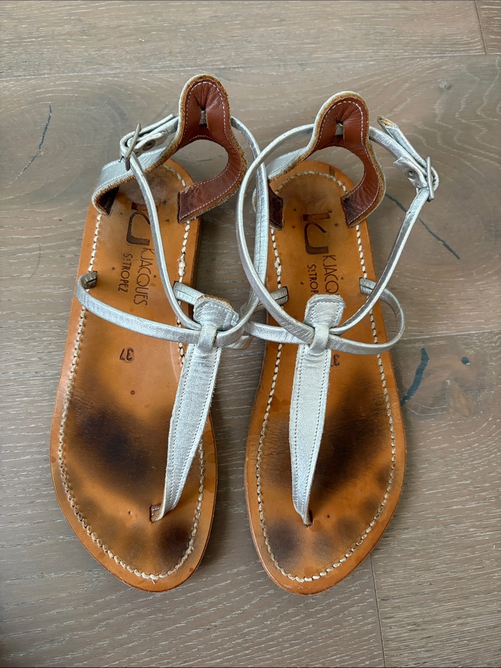 St. Tropez Silver T-Strap Leather Sandals